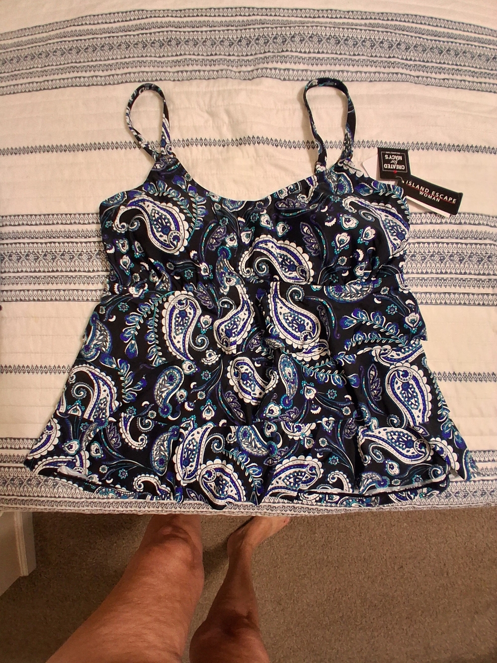 Island Escape Navy Paisley Ruffle Tankini Top